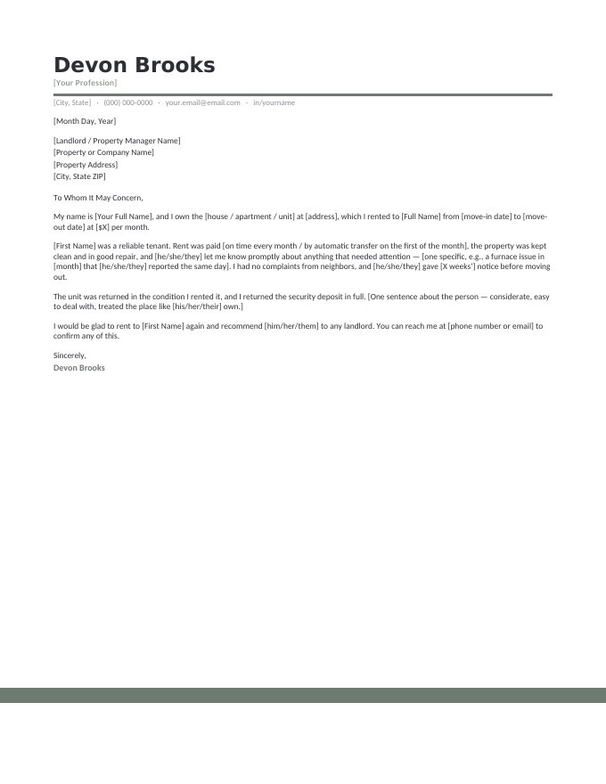 Private landlord reference letter — an individual owner vouching for a reliable tenant with rent paid on time and the deposit returned
