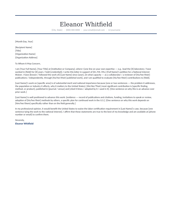 NIW expert reference letter template — a collaborator or senior figure in the field describing the petitioner's contributions, national importance, and the waiver