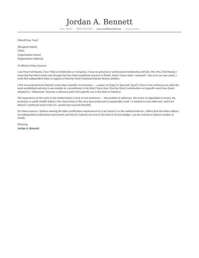 NIW independent reference letter template — a writer with no personal relationship assessing the petitioner's published work and its importance to the United States