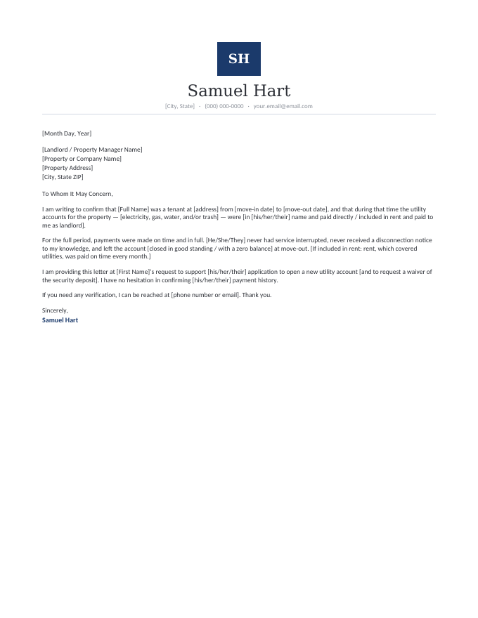 Landlord's utility reference letter confirming a tenant's on-time utility payments for a new account or deposit waiver