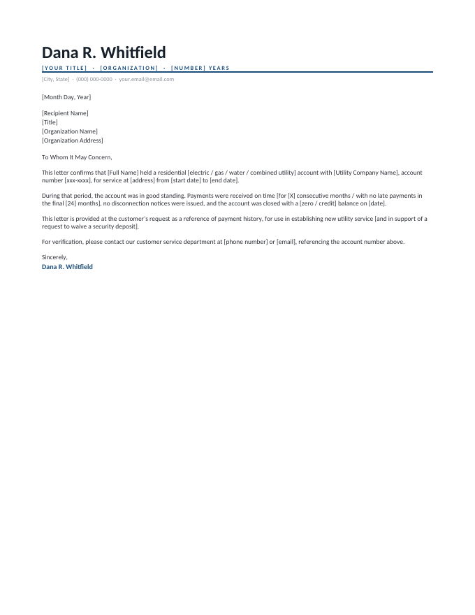 Utility company reference letter confirming a residential account in good standing with on-time payments and a zero closing balance