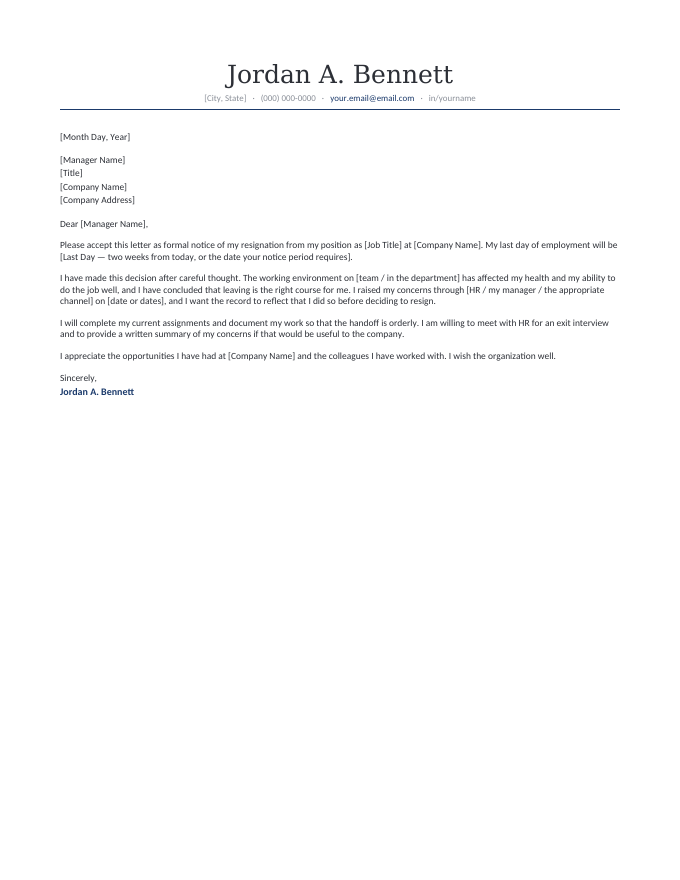 Hostile Work Environment — Classic Navy resignation letter template — the classic centered letterhead carrying the hostile work environment letter
