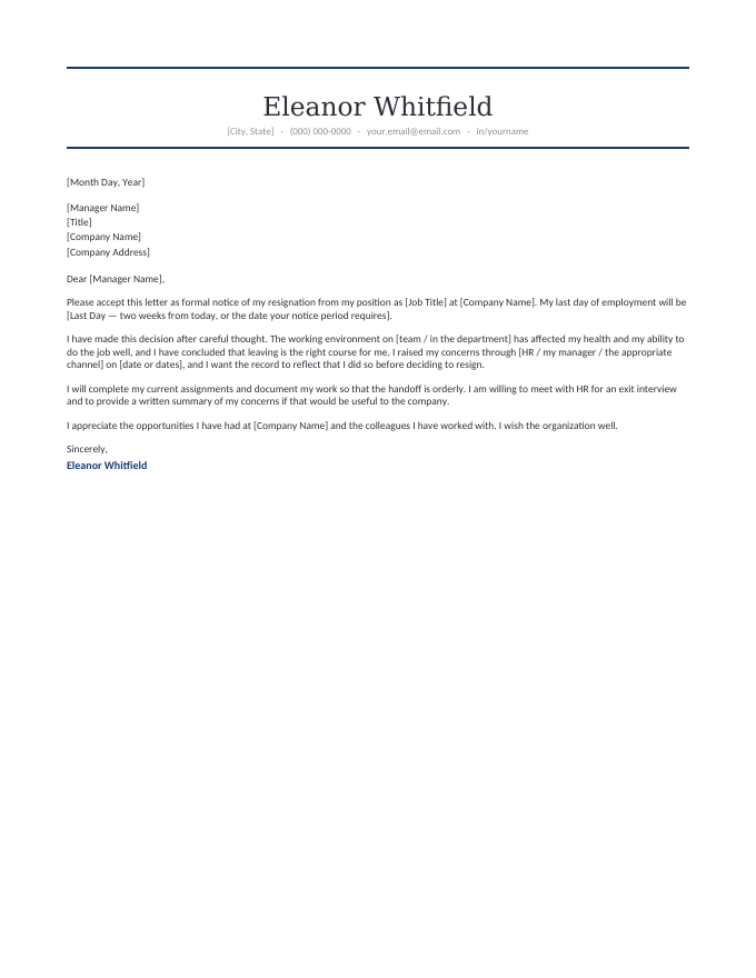 Hostile Work Environment — Formal Navy resignation letter template — the formal ruled letterhead carrying the hostile work environment letter