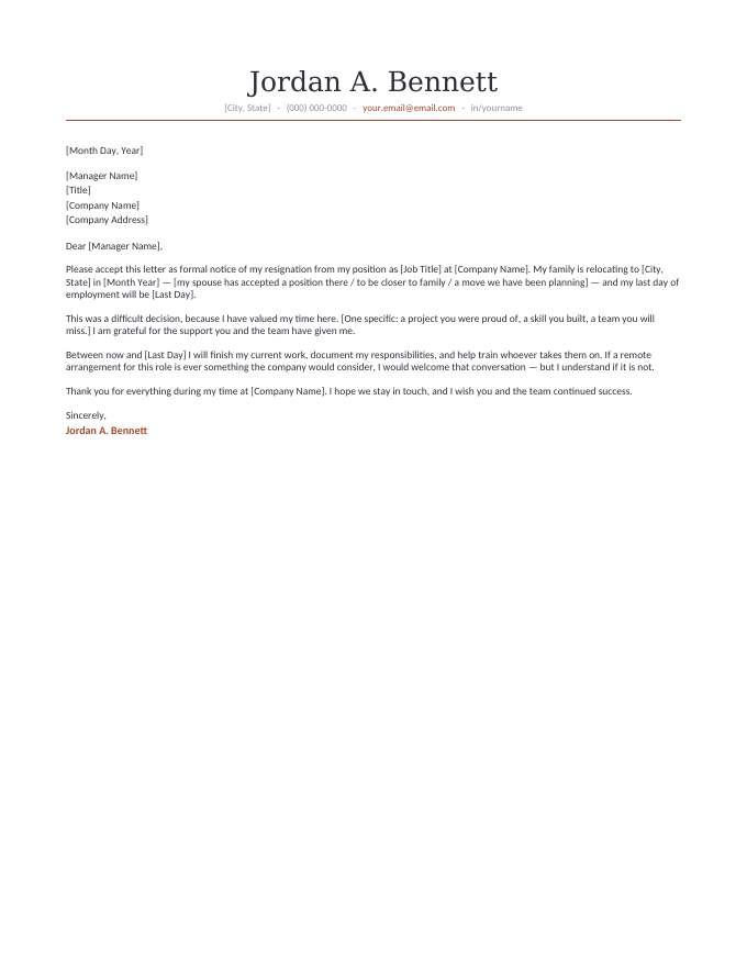 Relocation — Classic Rust resignation letter template — the classic centered letterhead carrying the relocation letter