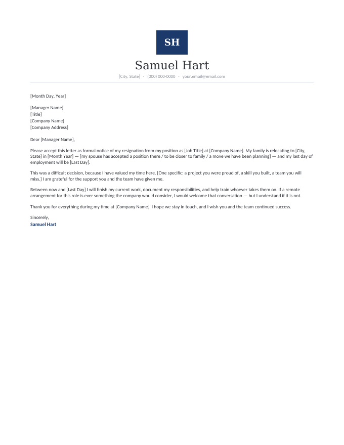Relocation — Monogram Navy resignation letter template — the initials-emblem letterhead carrying the relocation letter