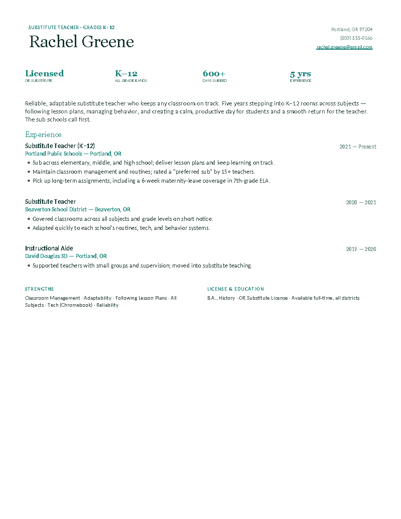 Substitute (K–12) — Teal preview