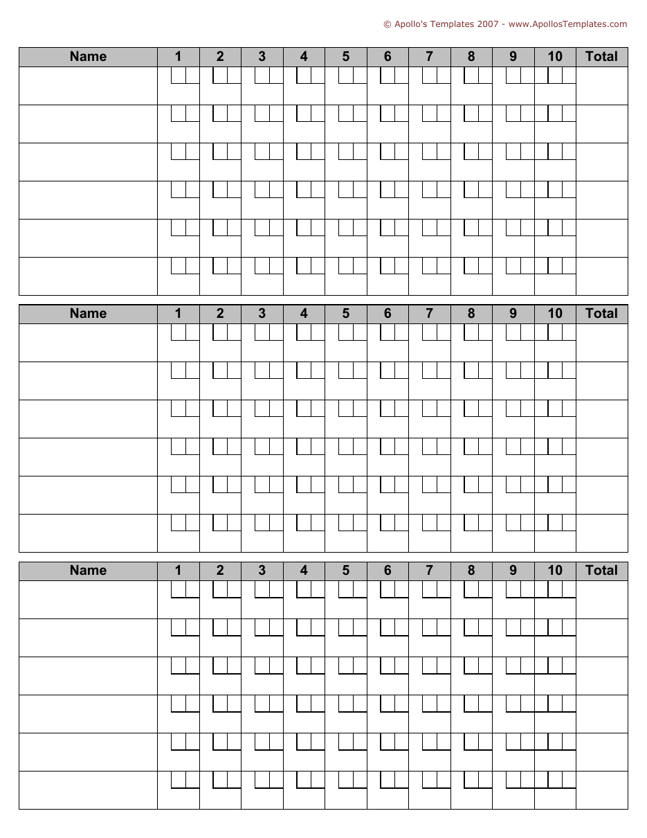 Blank black bowling score sheet, three six-row blocks with ten frames and a Total column; photocopies cleanly