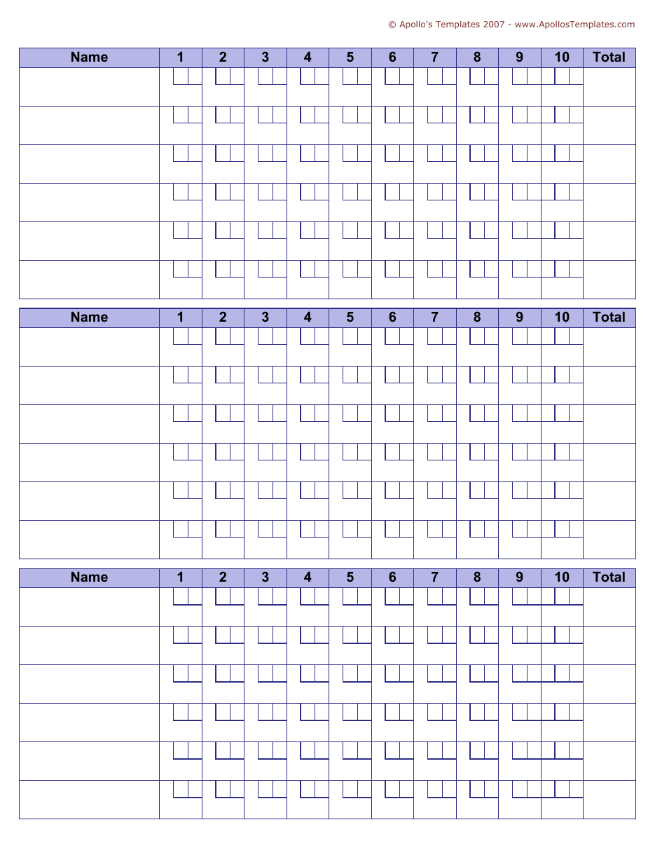 Blank blue bowling score sheet PDF with eighteen player rows in three blocks and ten numbered frames