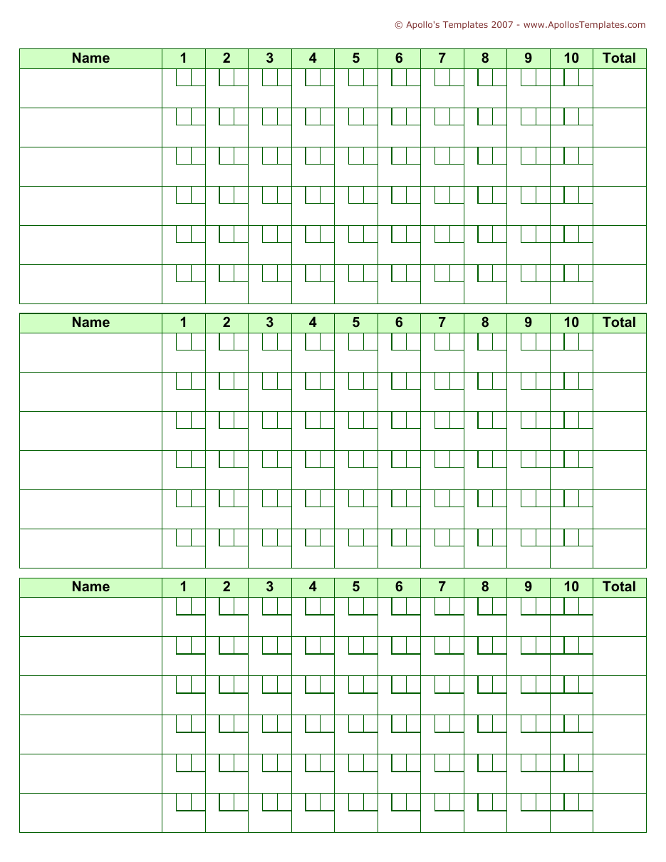 Blank green bowling score sheet with three blocks of six rows, ready to print and fill in by hand