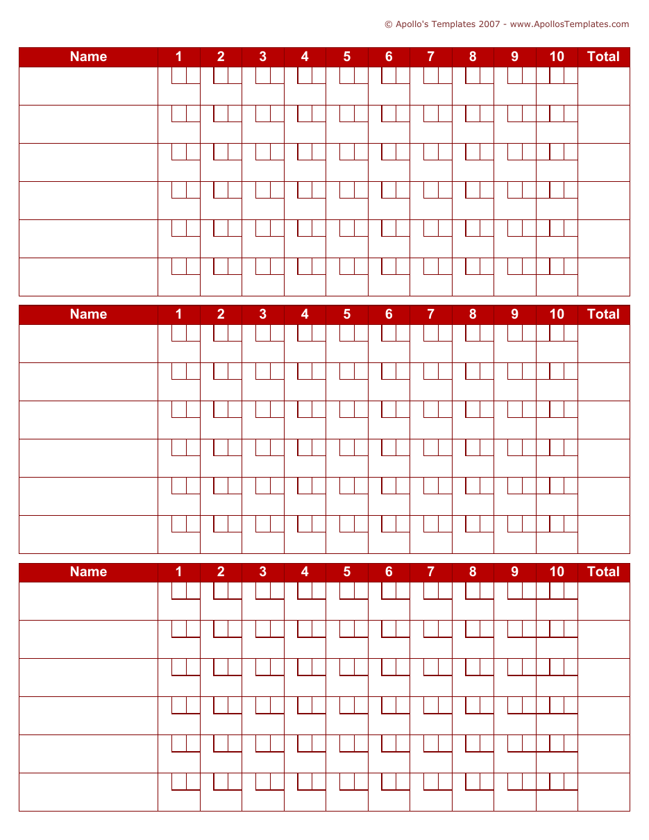 Blank red bowling score sheet with three six-player blocks, ten frames and a Total column each