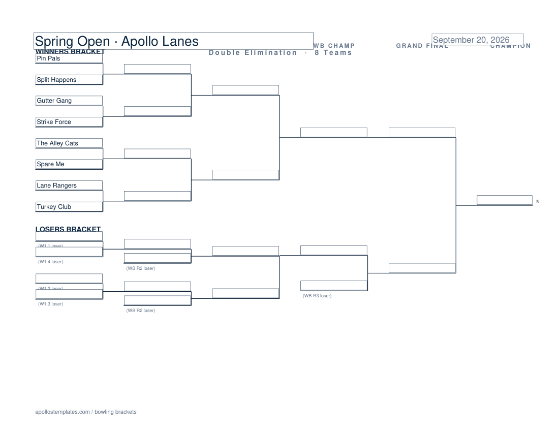 8-team double-elimination bowling bracket on a landscape page with the winners bracket on top, the losers bracket underneath and a grand final slot on the right