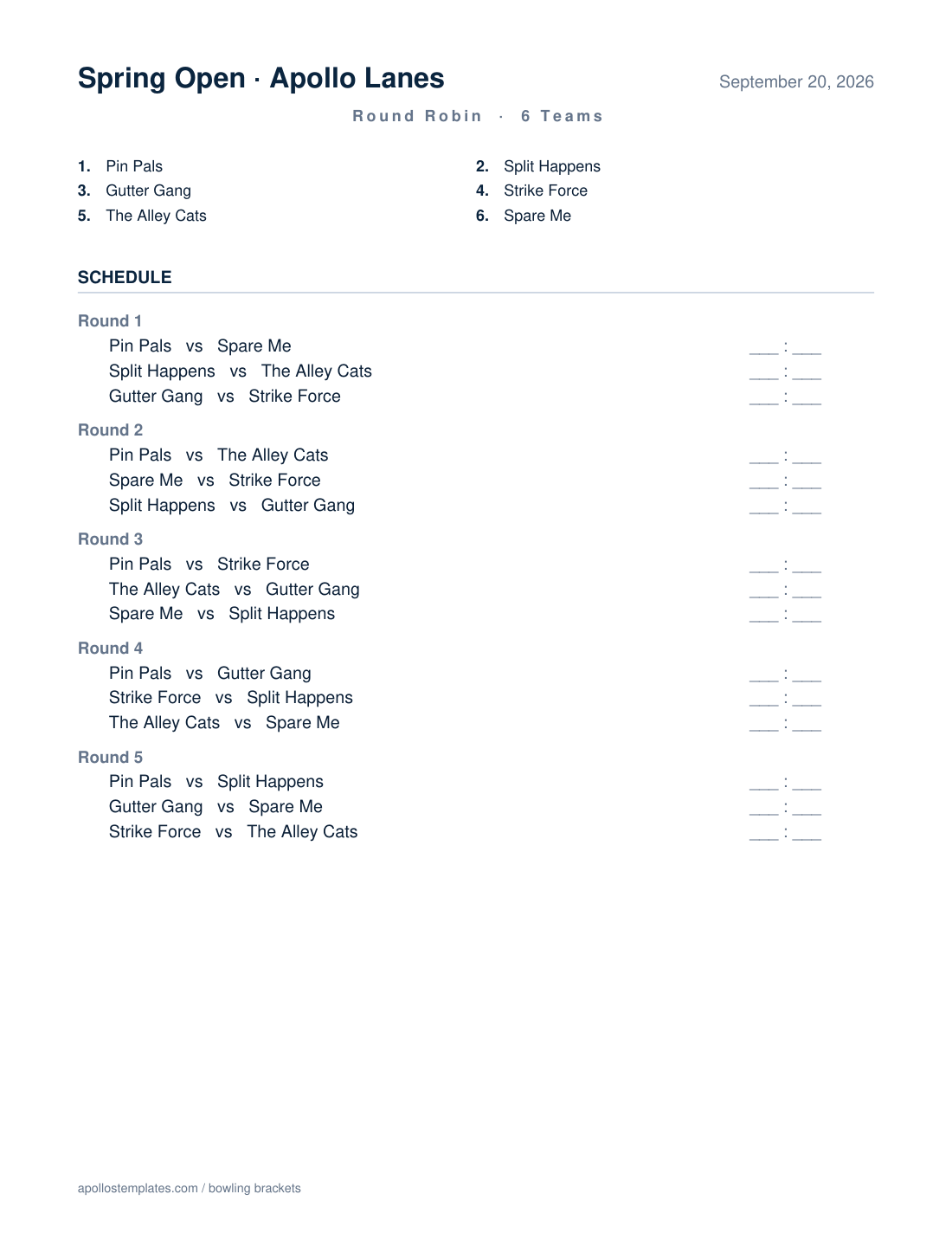 6-team round-robin bowling schedule listing the teams and five rounds of matchups with blank score boxes for each game