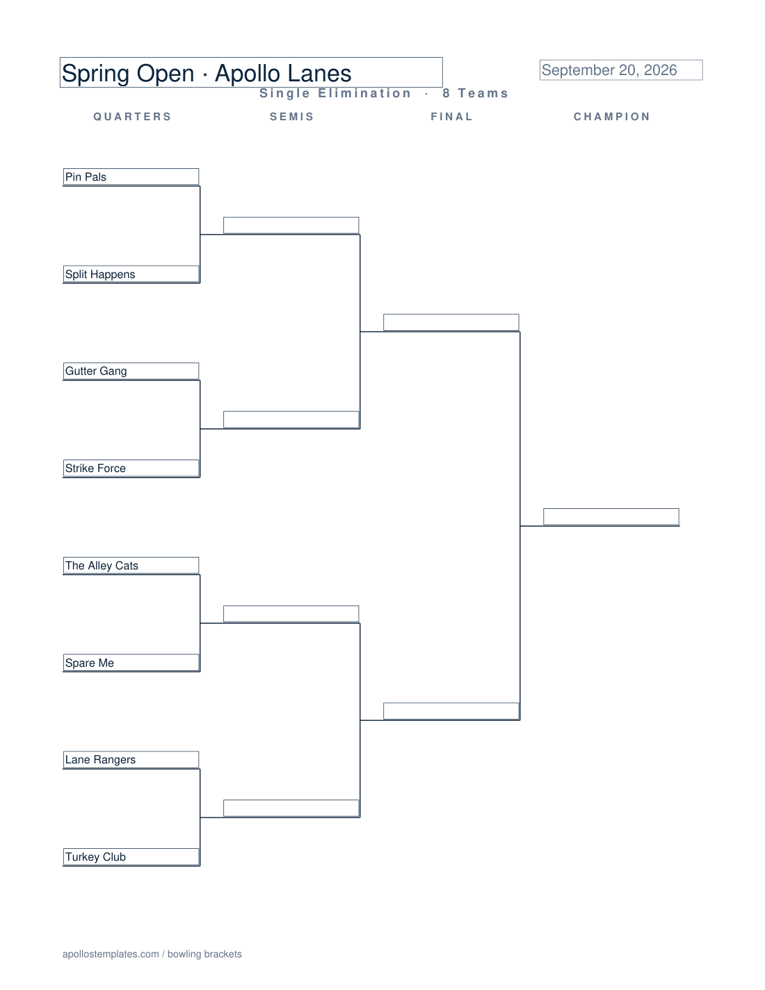 8-team single-elimination bowling tournament bracket with team names filled in and empty slots through the final