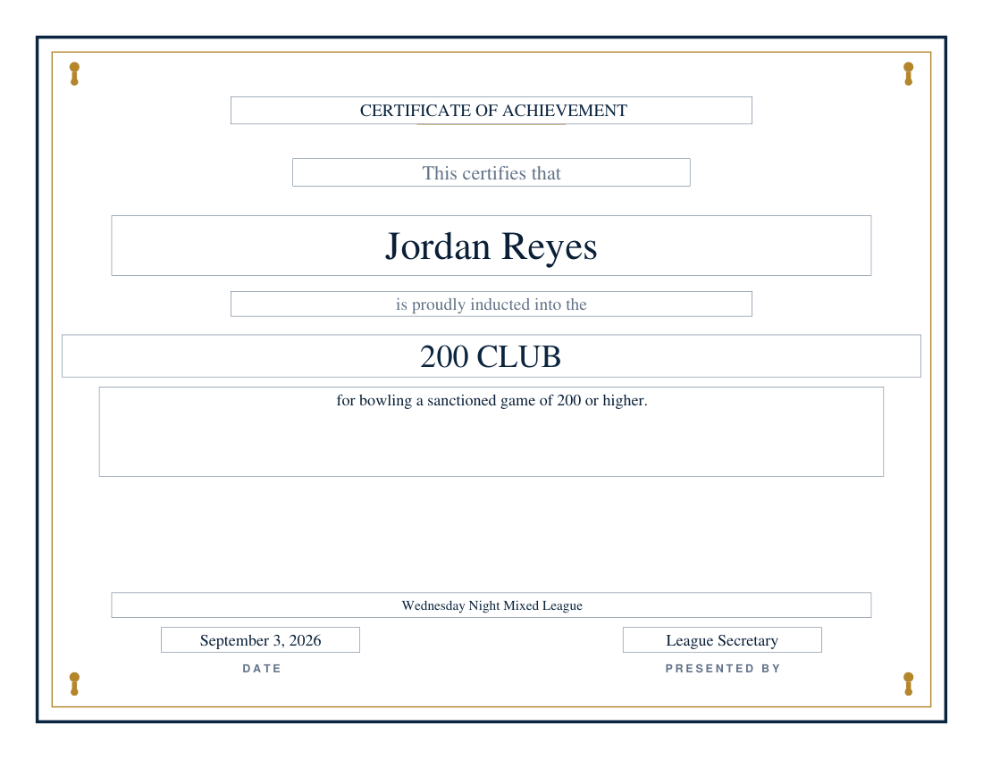 Landscape 200 Club bowling certificate with a navy and gold border and a sample recipient name