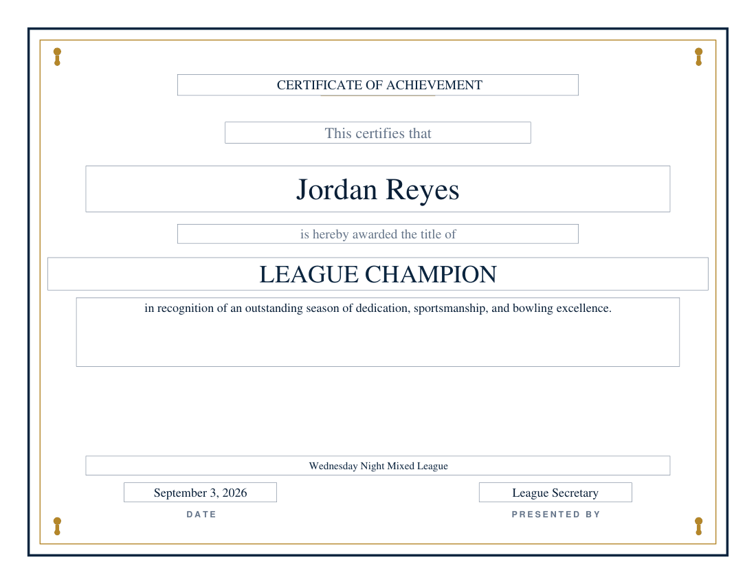 Bowling award certificate naming Jordan Reyes League Champion of the Wednesday Night Mixed League, with a gold rule, date line and presenter signature line