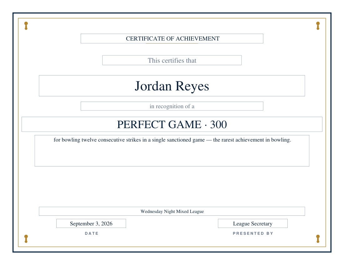 Perfect Game 300 bowling certificate for twelve consecutive strikes in a single game, navy and gold frame, recipient name, league, date and presenter lines