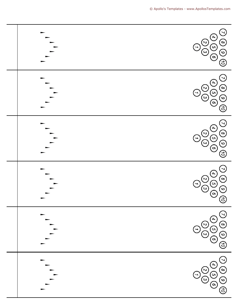 Printable sheet of six blank bowling lanes, each with the foul line, arrows and numbered pin triangle