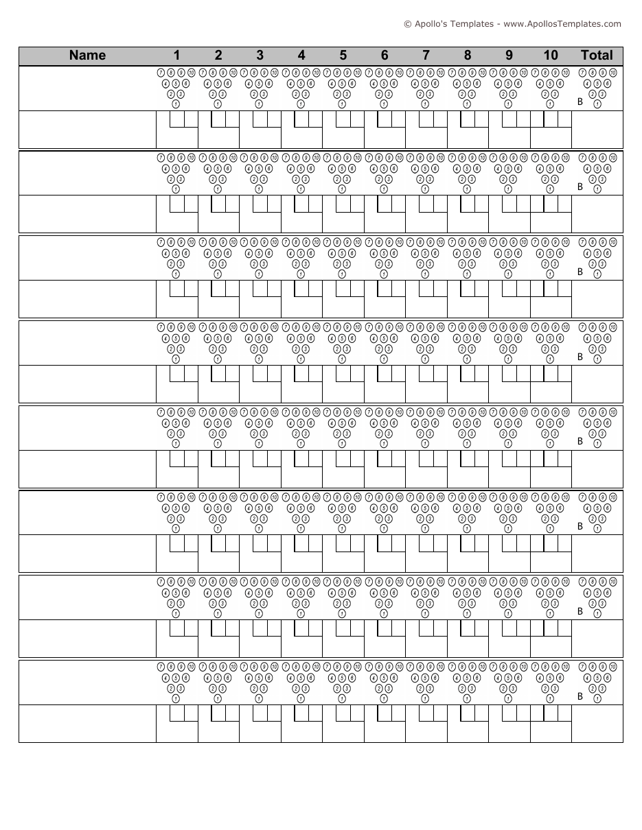 Classic bowling score sheet with a small ten-pin triangle diagram inside every frame and eight player rows on one page, fillable PDF