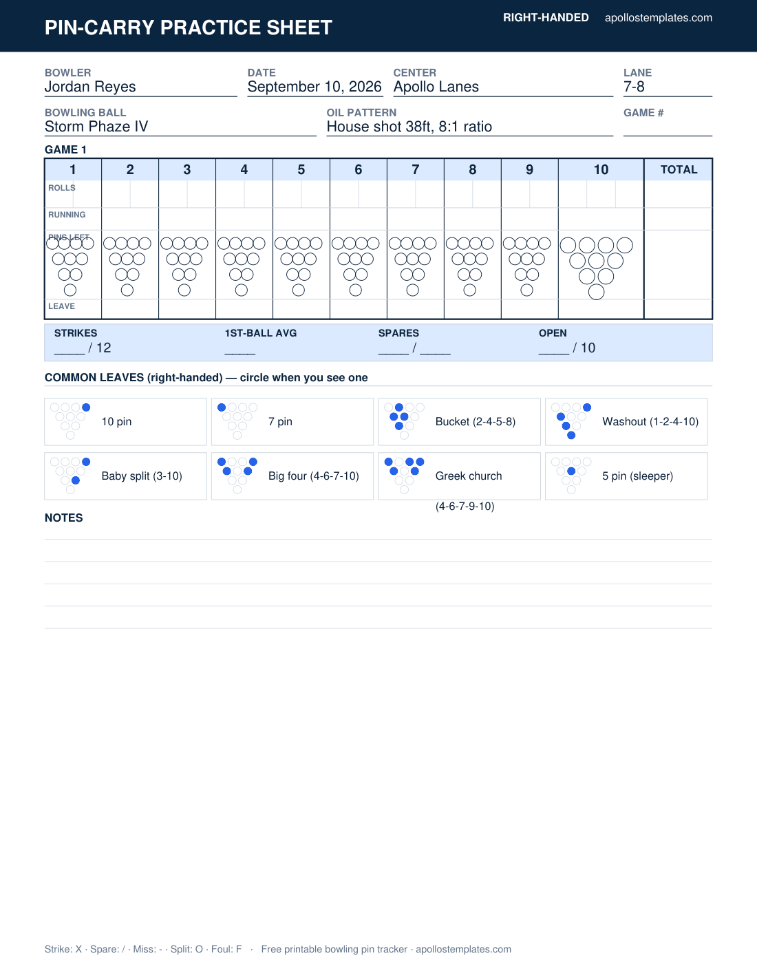 Pro Practice Sheet with a ten-pin diagram inside every frame, a stats row and a common-leaves chart