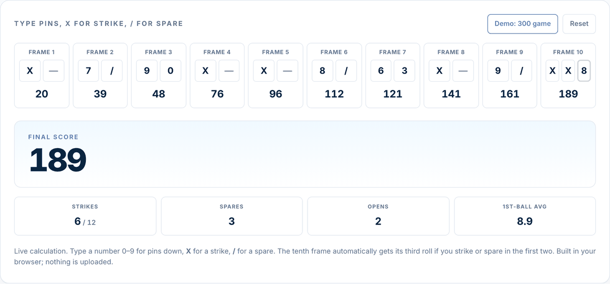 Bowling score calculator with a sample game typed in and running totals under each frame