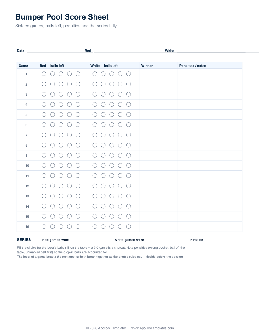 Bumper pool score sheet