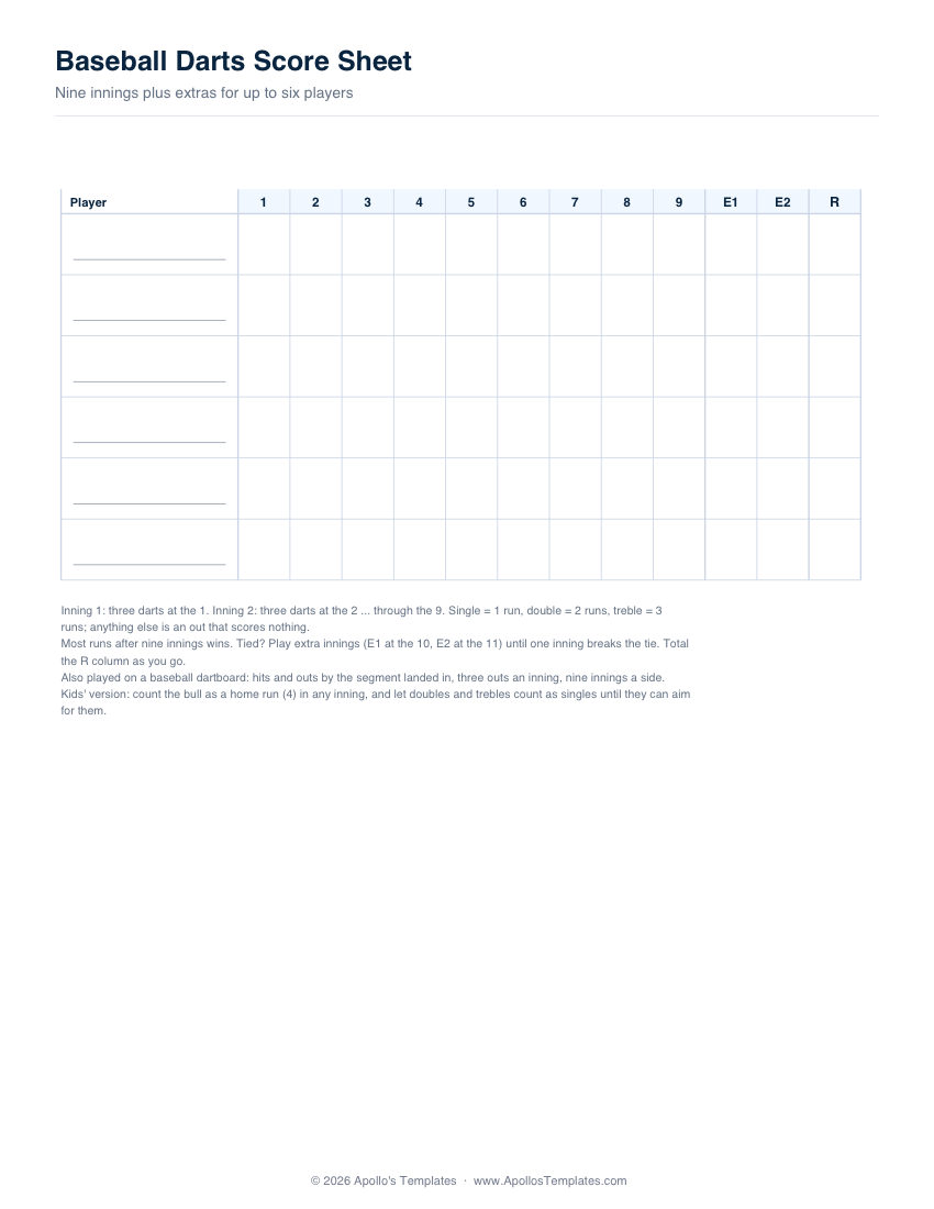 Baseball darts score sheet