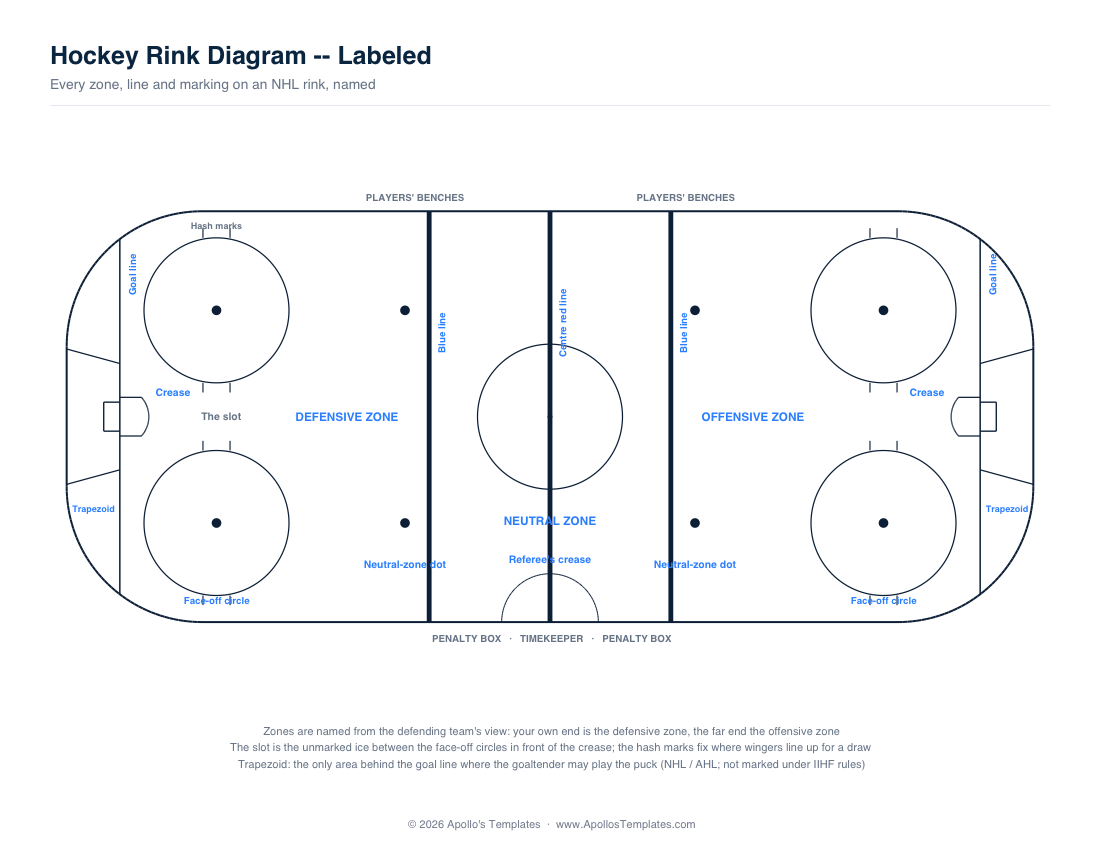 Labeled NHL hockey rink diagram naming the defensive, neutral and offensive zones, goal lines, blue lines, centre red line, face-off circles and dots, creases, the slot, trapezoids, hash marks, referee's crease and the benches