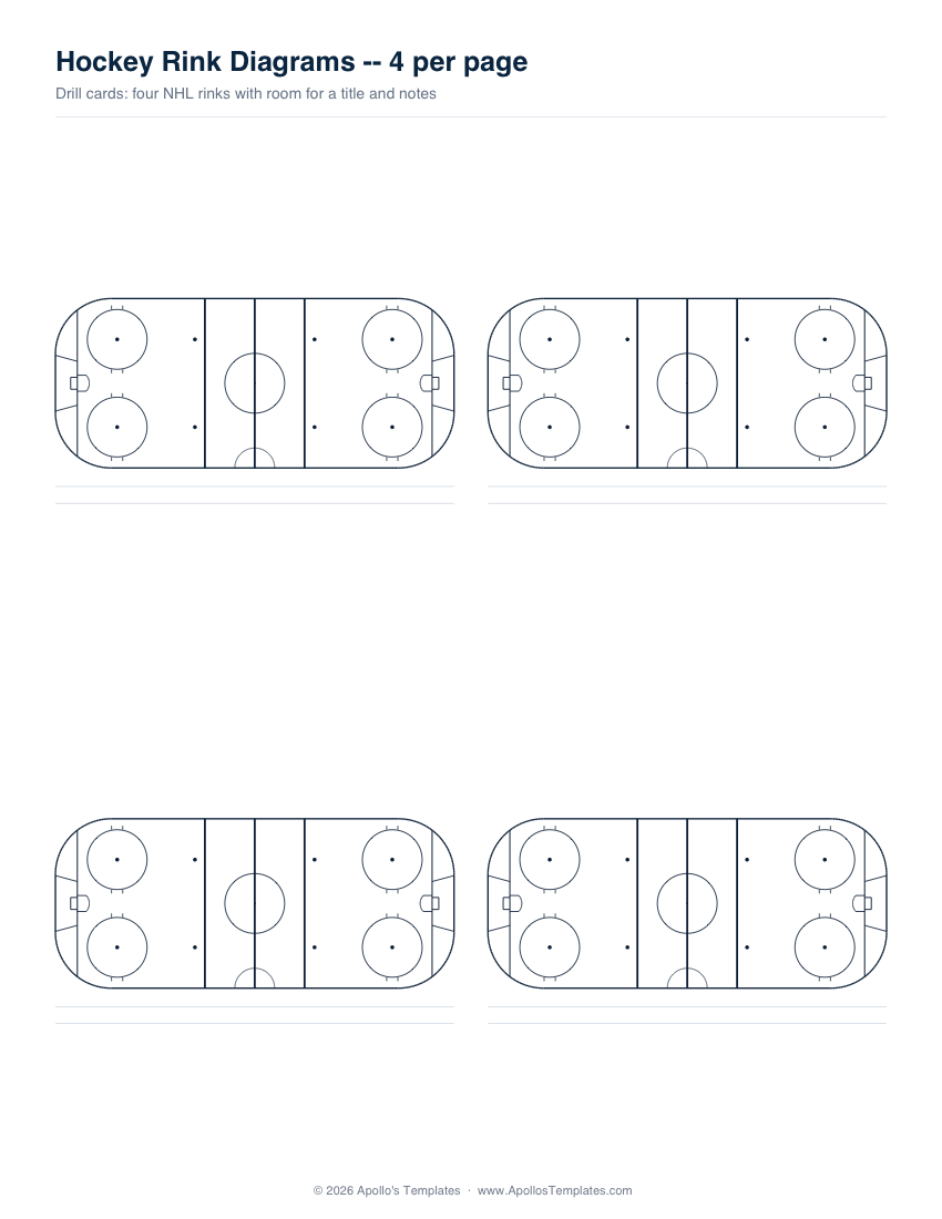 Four small blank NHL hockey rinks on one letter page, each with two ruled lines beneath for a drill name and notes
