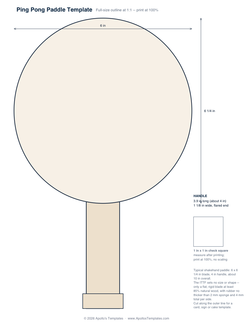 Full-size ping pong paddle template — 6 by 6.25 in blade and 4 in handle outline at 1:1 with a 1-inch check square