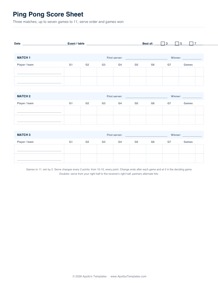 Printable ping pong score sheet — three matches with seven game boxes, games won, first server and best-of checkboxes