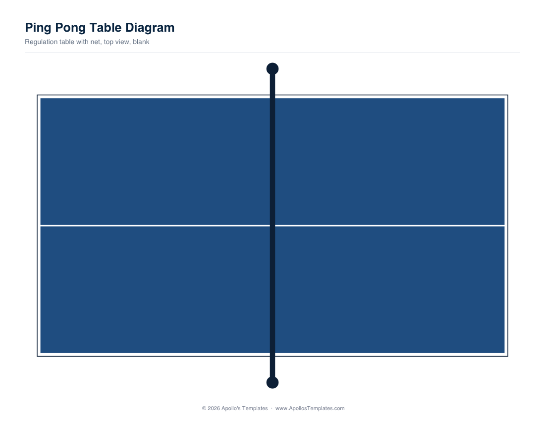 Blank ping pong table diagram in top view with net and centre line, no text