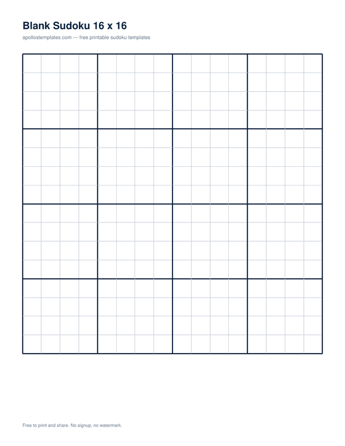 One empty sixteen-by-sixteen sudoku grid with four-by-four boxes covering a full page