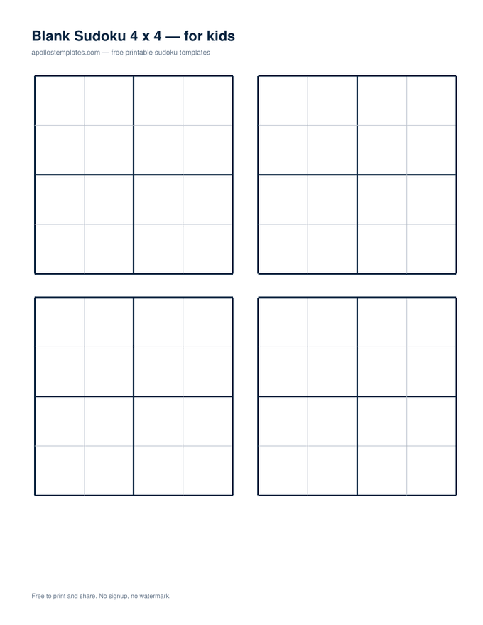 Four empty four-by-four sudoku grids with large cells and two-by-two boxes, sized for young children