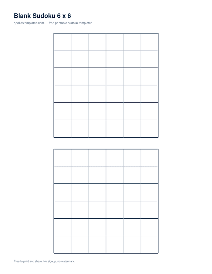 Two empty six-by-six sudoku grids with boxes three cells wide and two tall