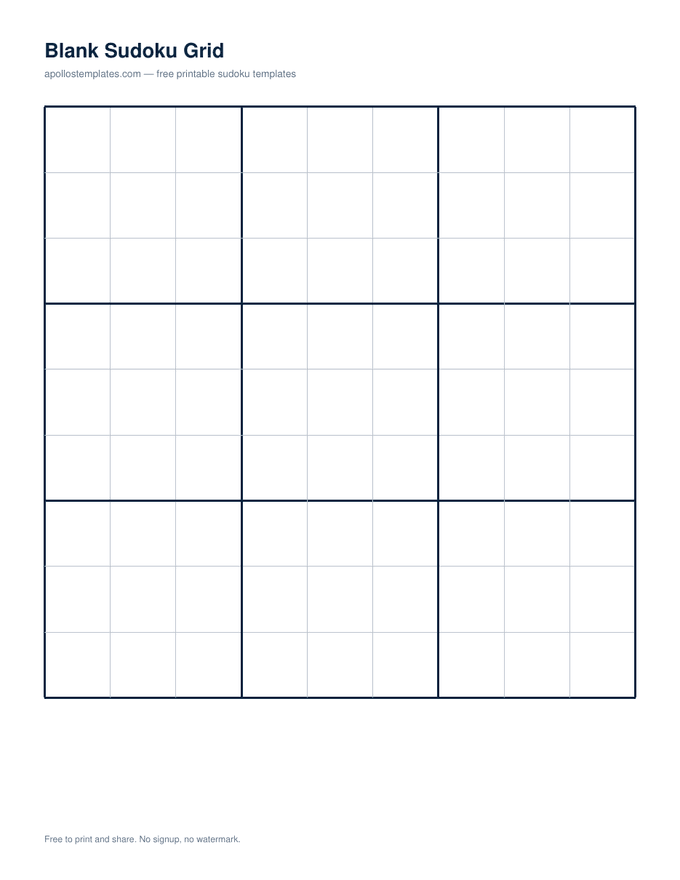 One empty nine-by-nine sudoku grid filling a portrait page, with heavy rules marking the nine three-by-three boxes