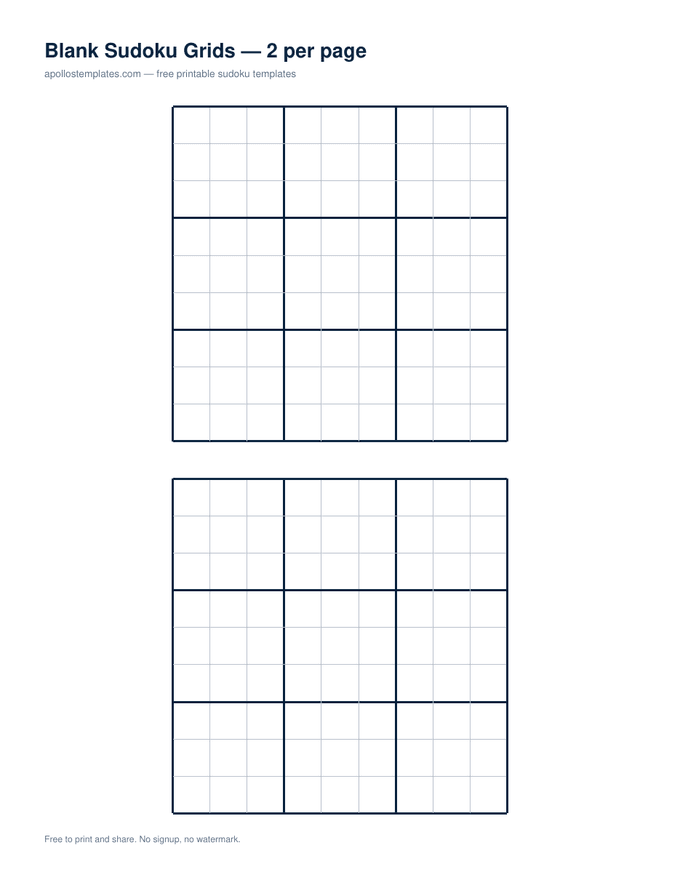 Two empty nine-by-nine sudoku grids stacked one above the other on a single portrait sheet