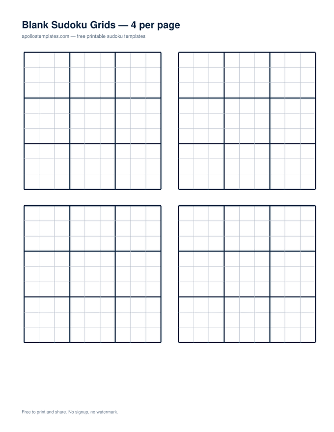 Four empty sudoku grids arranged two across and two down, sized for a classroom handout