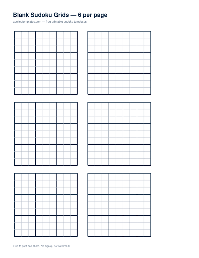 Six empty sudoku grids in three rows of two, the densest layout in the set