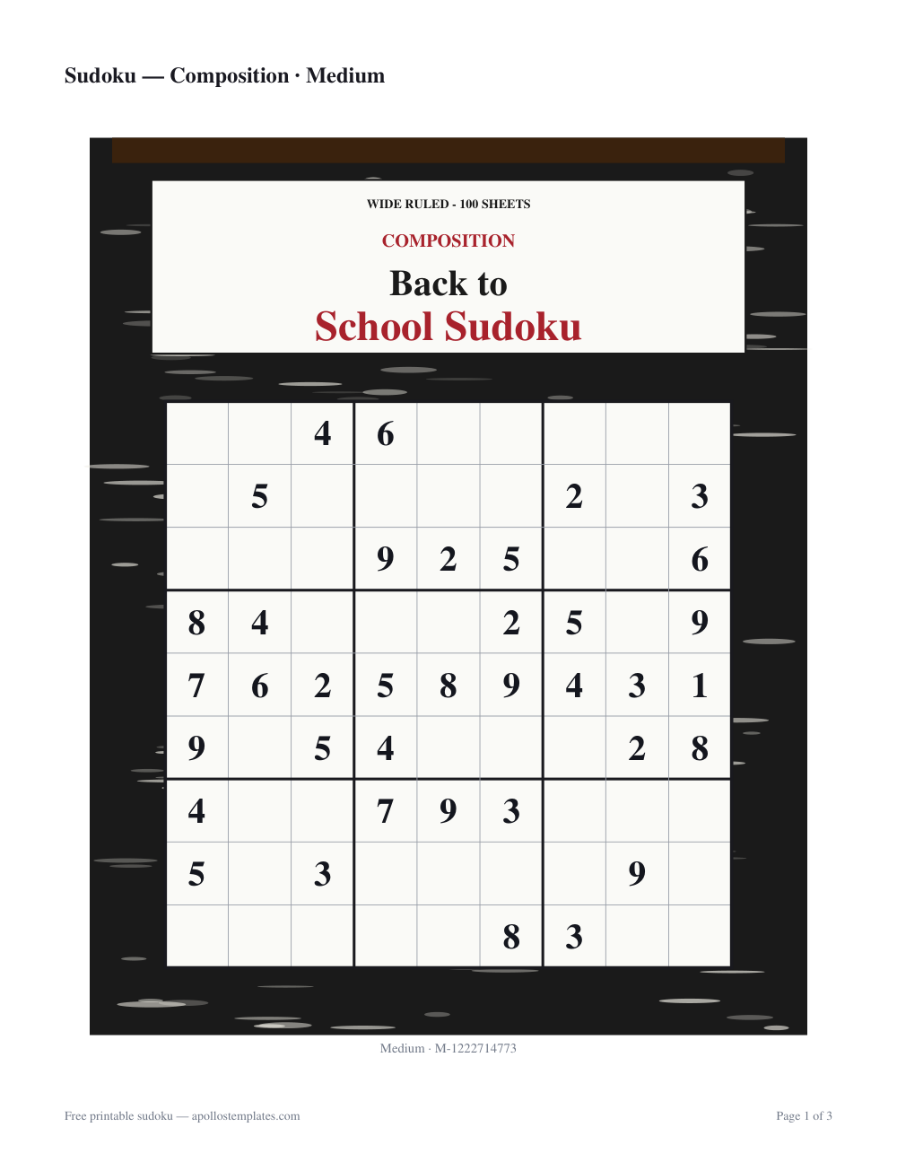 Back to school sudoku sheet styled as a marbled black-and-white composition book cover with a white label reading Back to School Sudoku and the grid on a white panel below