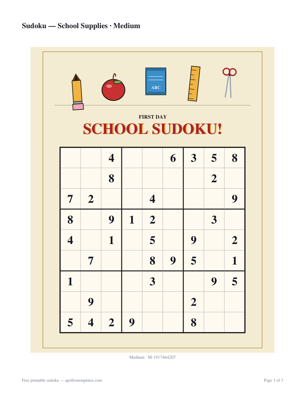 Cream back to school sudoku sheet with a row of pencil, apple, book, ruler and scissors icons above a bold title and the grid
