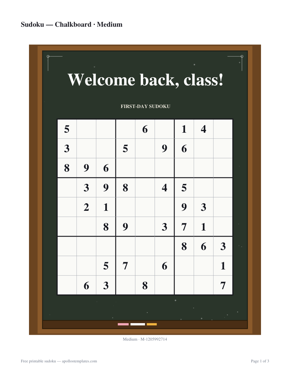 Back to school sudoku sheet drawn as a wood-framed chalkboard with a chalk Welcome back, class! heading and a white-ruled grid