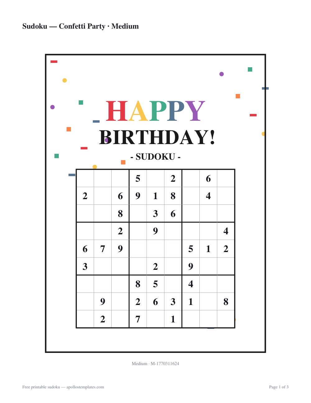 Birthday sudoku sheet on white scattered with rainbow confetti and a bold HAPPY BIRTHDAY heading above the 9×9 grid