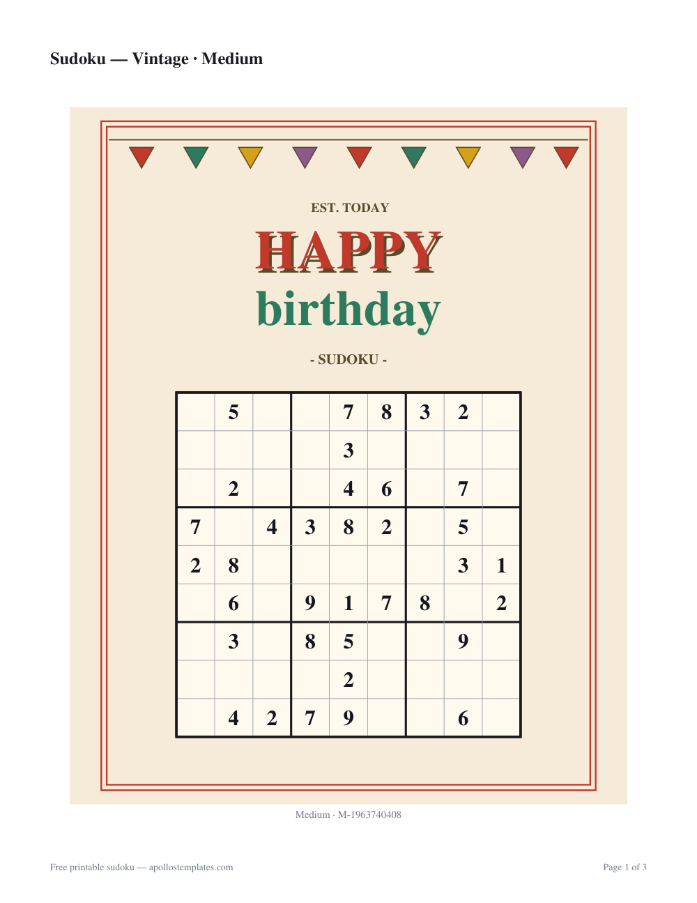 Kraft-paper birthday sudoku sheet with a string of bunting across the top and a letterpress HAPPY birthday script over the grid