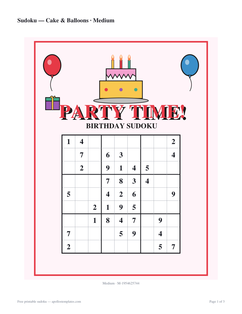 Pink birthday sudoku sheet with a layer cake, balloons and wrapped gifts around a PARTY TIME title and the grid below
