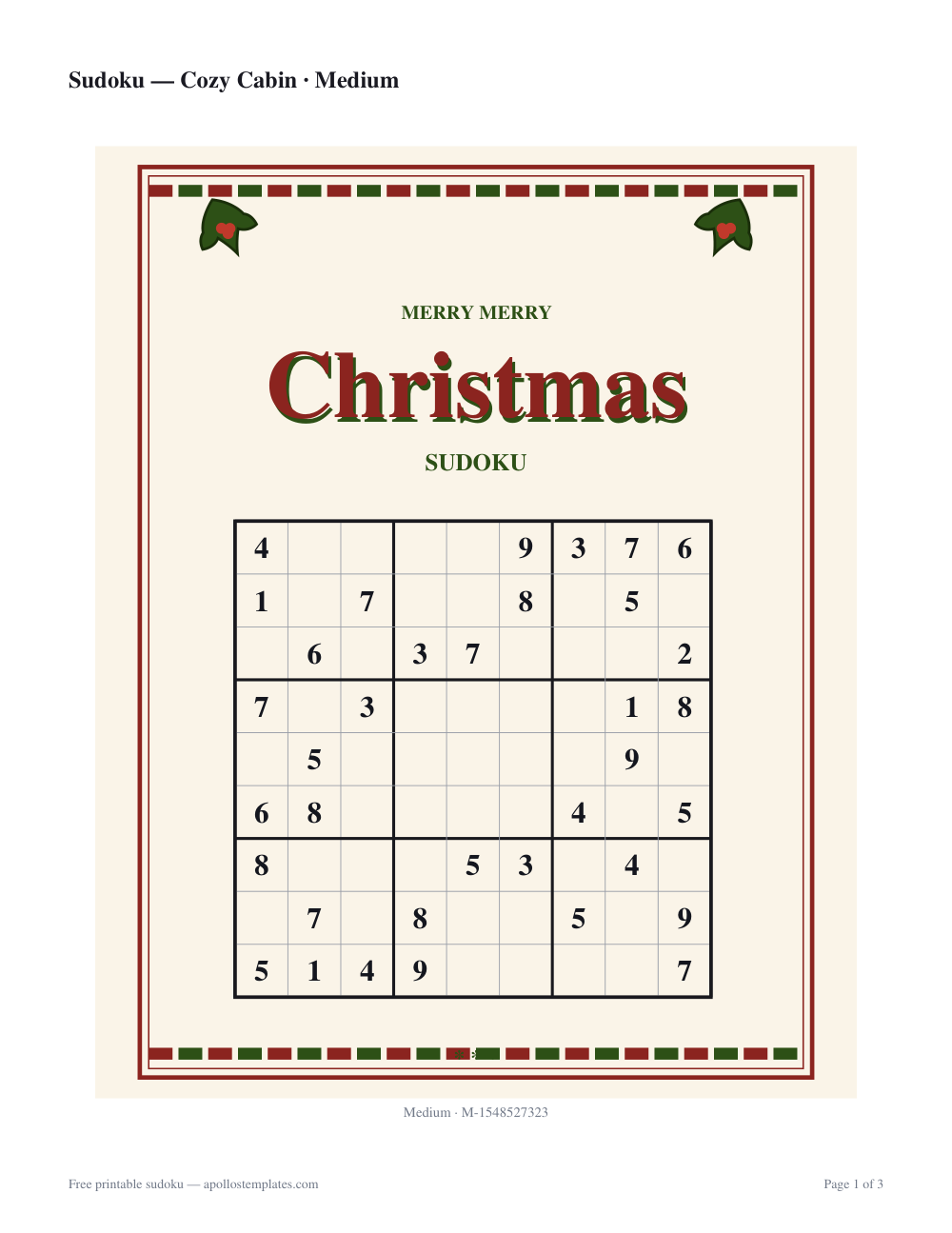 Christmas sudoku sheet on cream with a red and pine plaid border, holly sprigs in the corners and a script title above the 9×9 grid