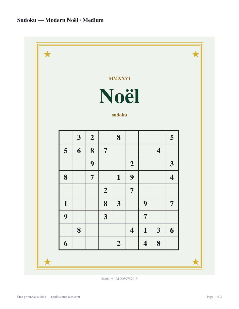 Elegant Christmas sudoku sheet in sage green with a triple gold rule and a thin serif NOËL heading over the grid