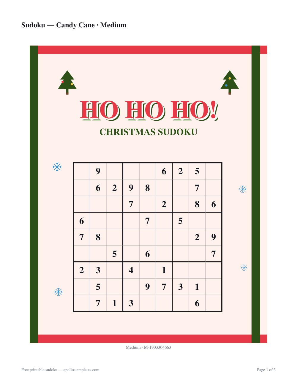 Kid-friendly Christmas sudoku sheet on pale pink with red and green striped side bars, small pine trees, snowflakes and a HO HO HO! headline above the grid