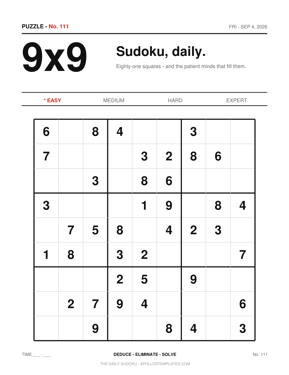 Daily Sudoku easy edition page with a large 9x9 headline, the edition number and date, a difficulty tab strip marking Easy and one big grid with many givens
