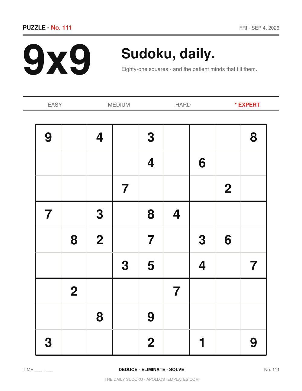 Daily Sudoku expert edition page with a large 9x9 headline, edition number and date, a difficulty tab strip marking Expert and one big grid with very few givens