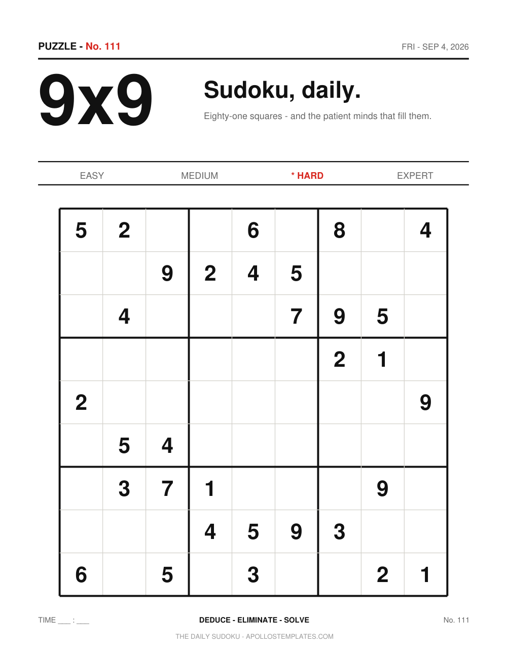 Daily Sudoku hard edition page with a large 9x9 headline, edition number and date, a difficulty tab strip marking Hard and one big grid with sparse givens